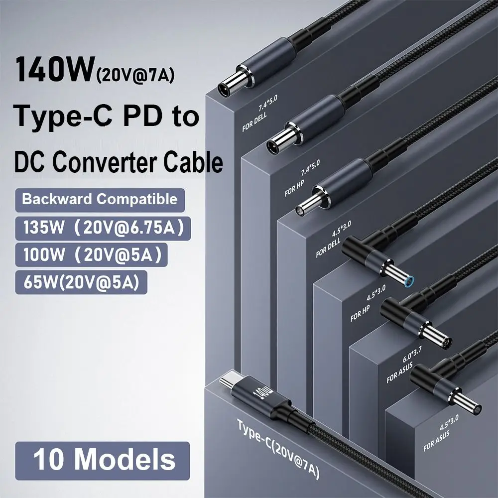 USB Tipo C para DC Cabo para Laptop, Cabo de Alimentação, PD 140W, 20V, 7A Converter Line, Fio de carregamento rápido, 5.5x2.5mm, HP, Dell, Asus, 180cm