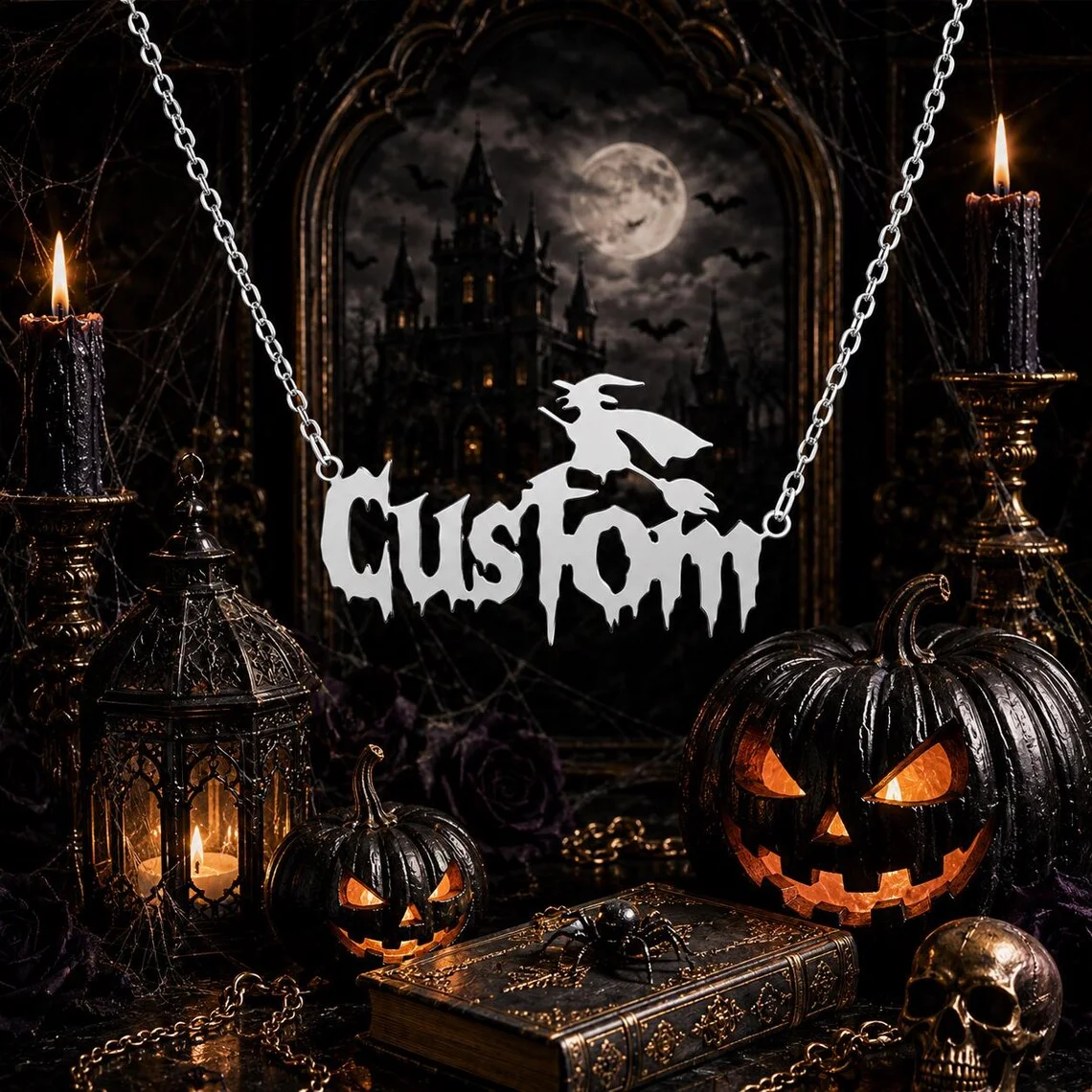 Custom Name Necklace Stainless Steel O Chain Personalized Nameplate Gothic Bat Necklace Halloween Gift for Women Custom Jewelry view 2