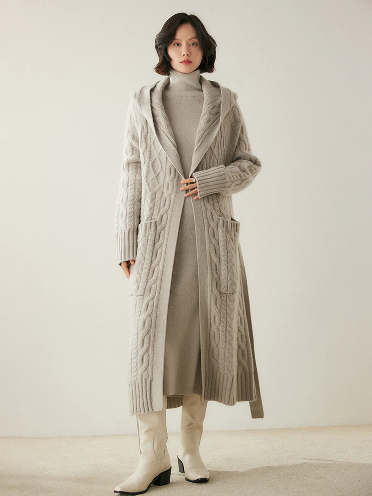 

High Quality Cable Stitch Long Cardigan 100% Cashmere Knitted Women's Hooded Sweater Thick Soft Warm Simple Chic pocket Coat