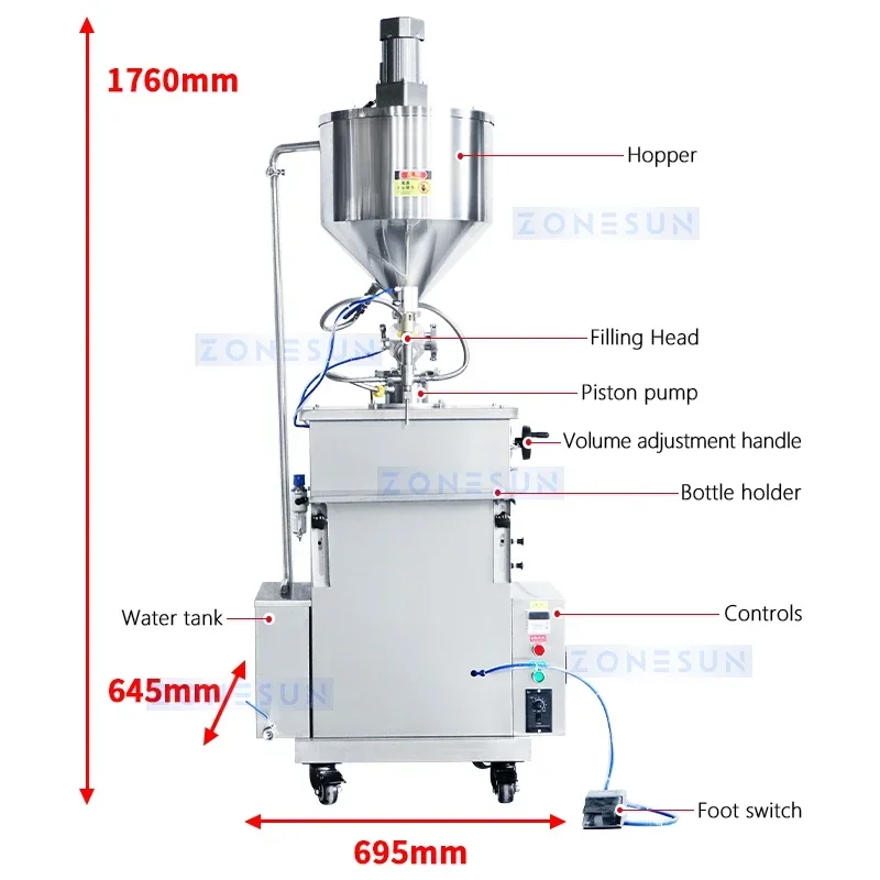 ZONESUN Piston Filler Thick Liquid Lotion Detergent Filling Machine with Mixing Heating Function Paste Filler Packing ZS-WCHJ1