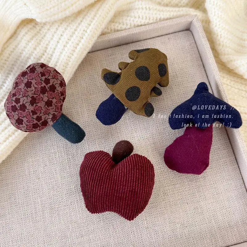 Corduroy Padded Duck Bill Clip Apple Eggplant Cute Plush Forest Style Winter Fall Hair Accessory for Girls