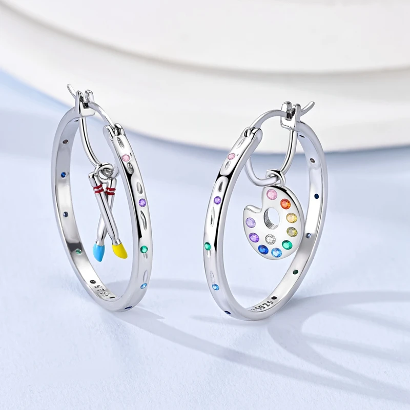 925 Sterling Silver Earrings Women CZ Zircon Color Brush Palette Ear Studs Sparkling Earring Wedding Anniversary Gifts