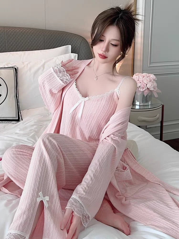 Autumn Jacquard Pajamas Woman Cotton 100% Three-piece Pajama Sets Sexy Suspenders Lace Long Bathrobe Robe Winter Home Clothes