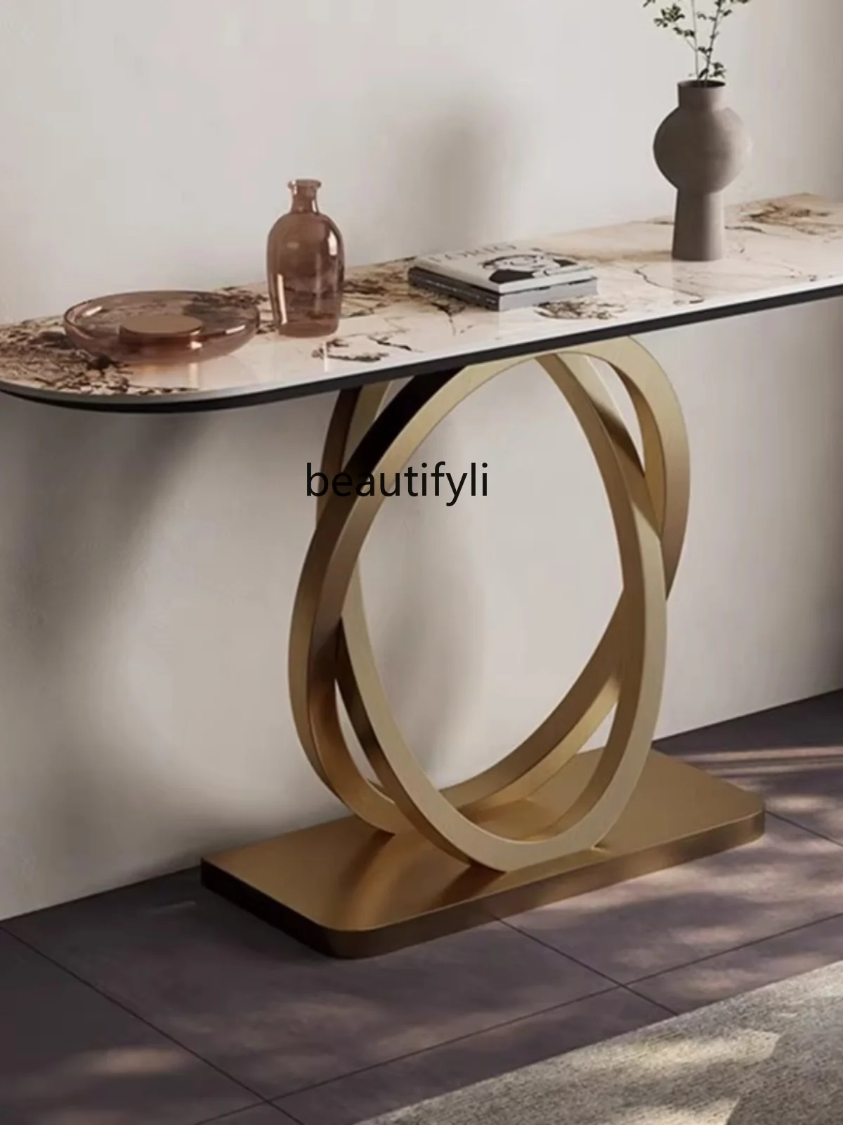 light luxury stainless steel entrance table corridor against the wall end view table rock slab entry semi-round entrance table