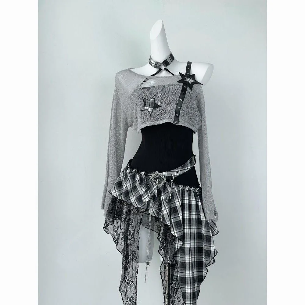 2026 Gothic Harajuku 2 Piece Sets Womens Vintage Y2k Crop Top Blouse + Black High Waist Retro Skirt Belt Party Vintage Sets Chic