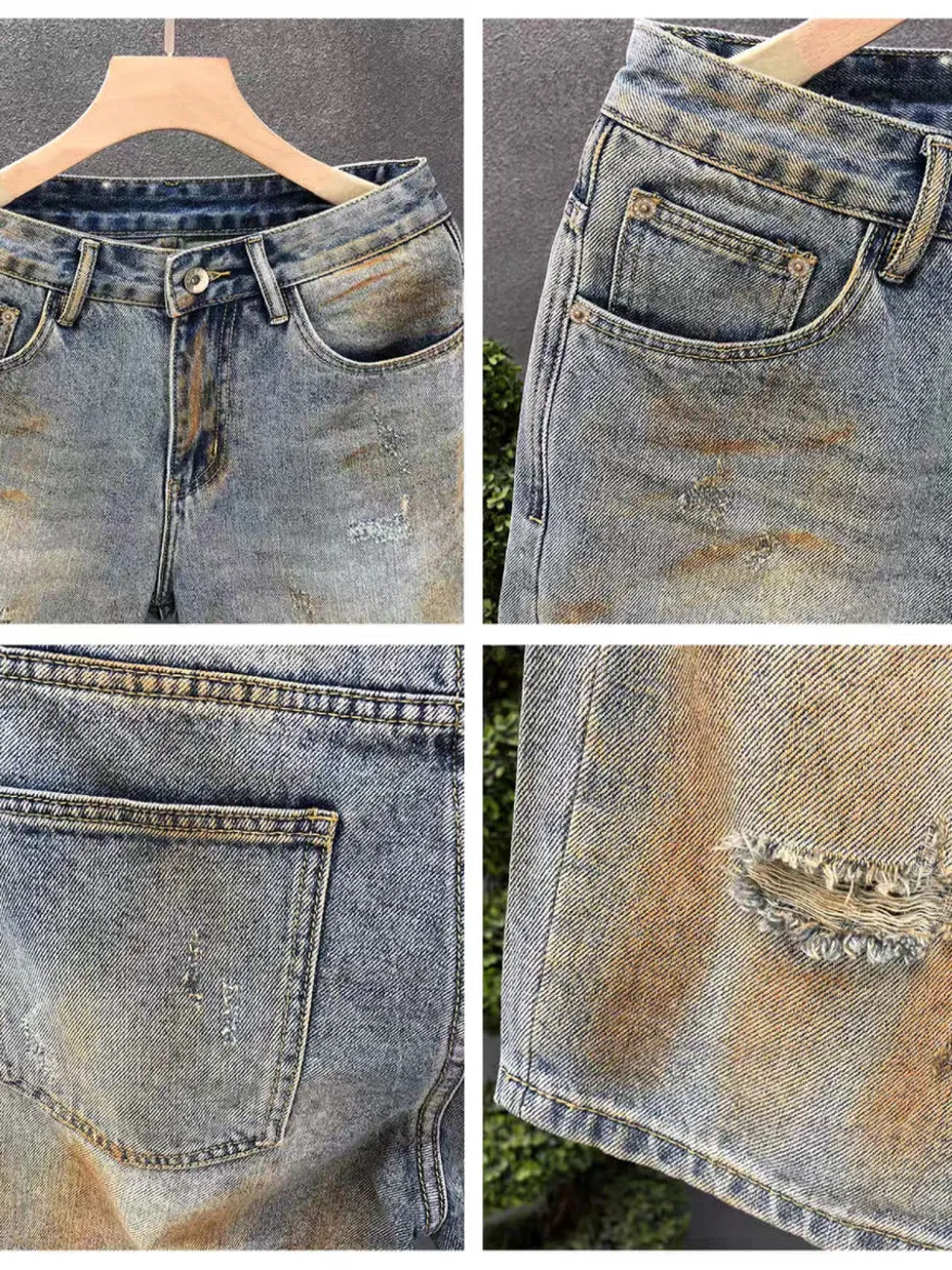 Calças Jeans Masculinas Estilo Deserto Americano Retrô, orts de Perna Reta, Desgastados, dos, com Furos, Denim, Casual,...