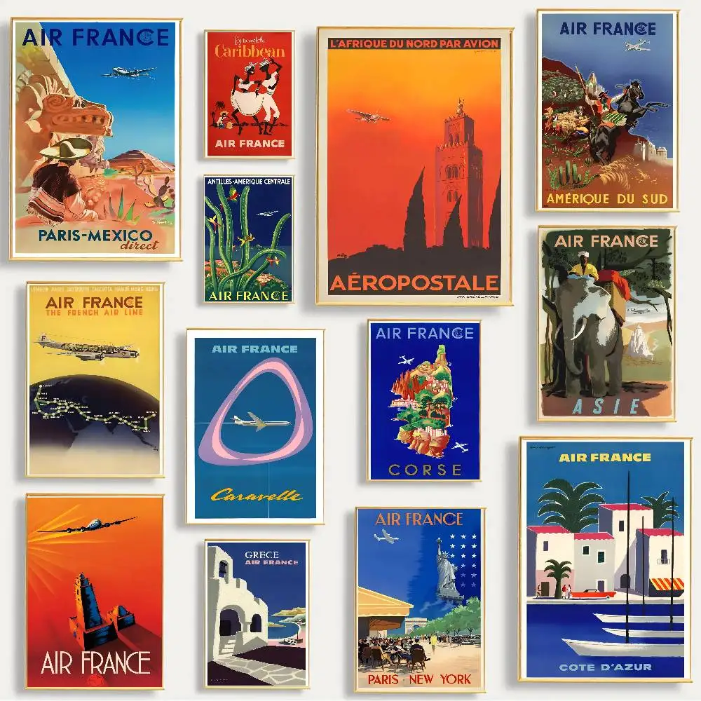 Air France Airline Advertising Vintage Travel Poster Stickers Living Room Bedroom Entrance Cafe Wall Art Decoration Painting