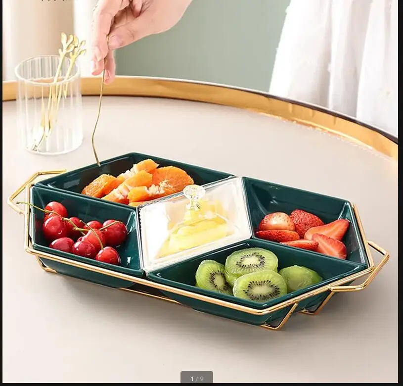 

3 Grids 5 Ceramic Snack Tray Acrylic Cover Metal Base Platter Fruit Dried Plate Salad Bowl Dessert