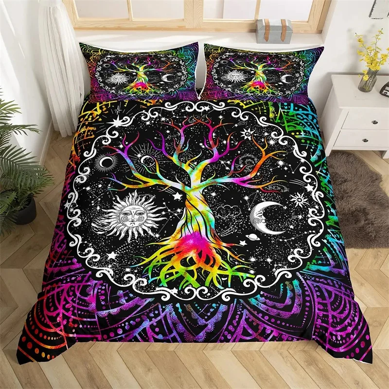 Moon and Sun Duvet Cover Black and White Bedding Soft Tree of Life All Galaxy Stars Mandala Tribal Quilt Cover Decor for Women