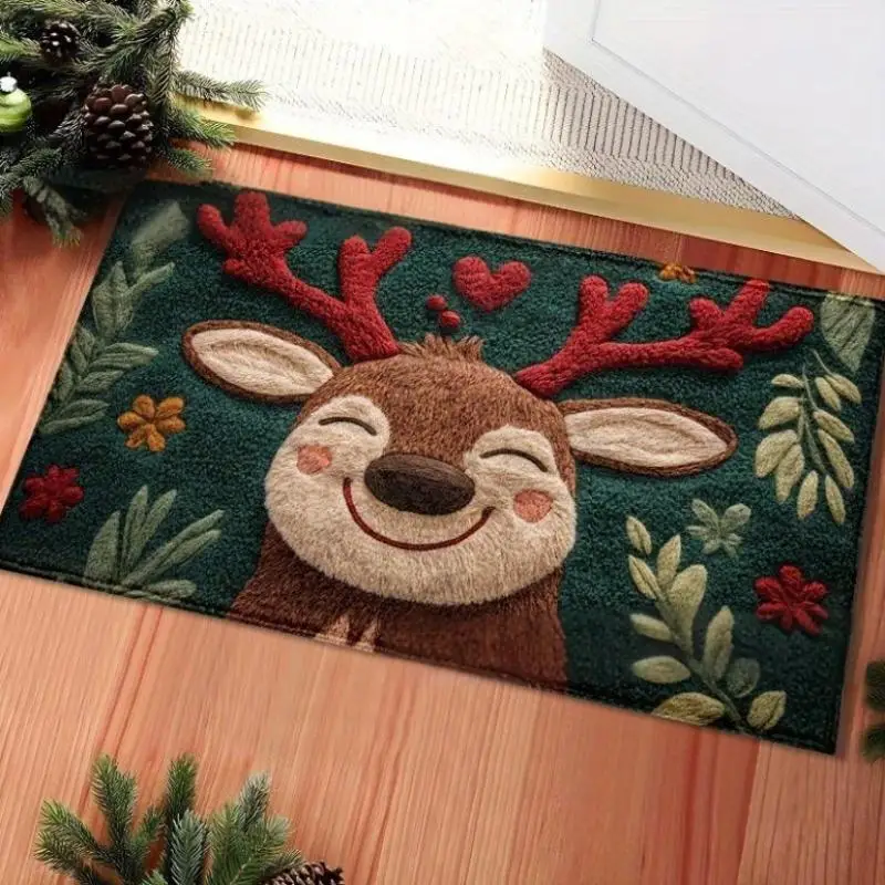 Fluffy Christmas Deer Microfiber Bath Mat Quick Dry & Absorbent Floor Mat Festive Holiday Design With Red Berries & Green Leaves
