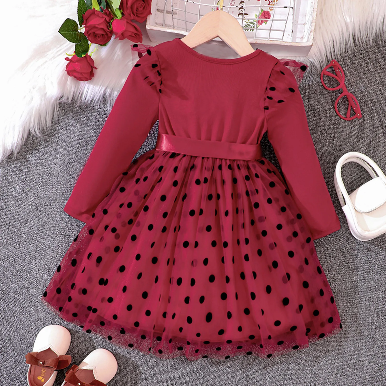 2023 Girl Long Sleeve Dress Spring Mesh Dots Print Bow Princess Party Dress Kid Clothes Toddler Girl Christmas Performance Dress