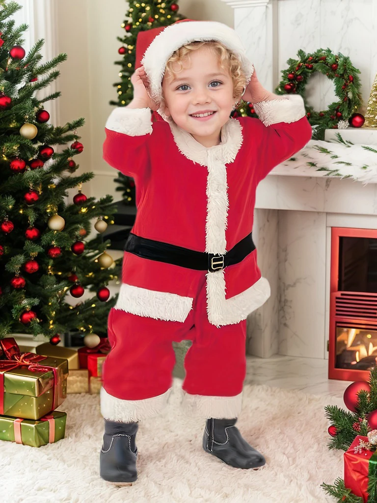 Boys and Girls Winter New Solid Color Santa Claus Cosplay Set Christmas School Party Cartoon Cute Performance Dress