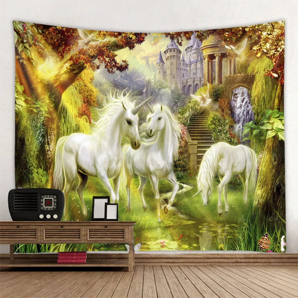 Mysterious Castle Unicorn Dreamy Landscape Tapestry Multi-Size Fabric Mural for Dormitory Home Decor Various Patterns Available