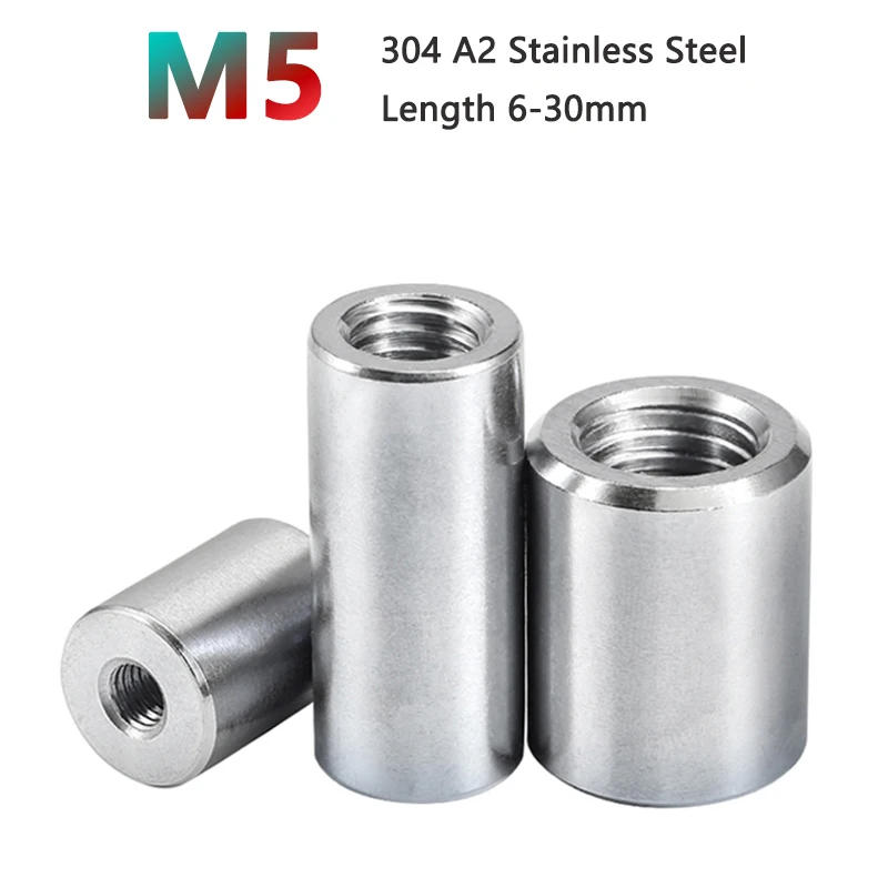 

2pcs M5 304 Stainless Steel Lengthen Round Coupling Nut Female Thread Cylindrical Stud Standoff Connector Joint Sleeve