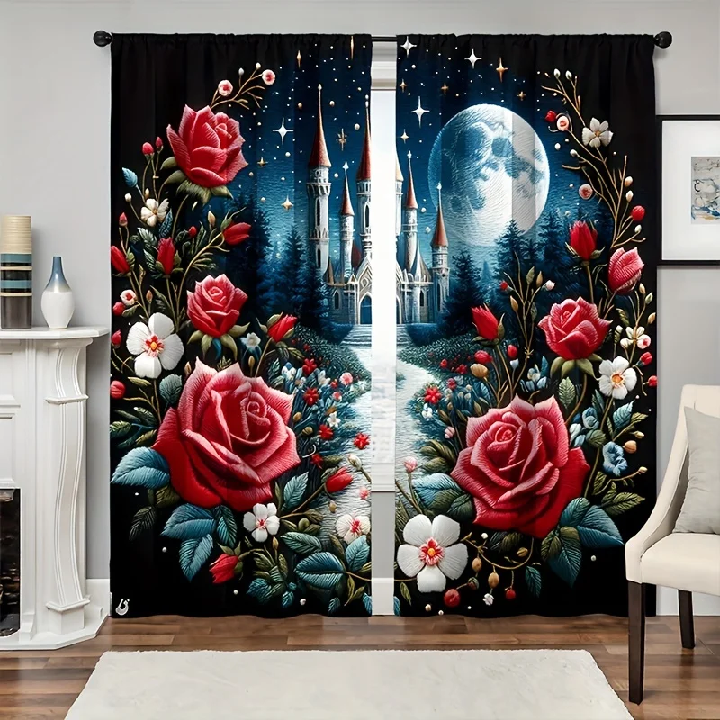 2panels Blooming Roses Printed Curtain, For Bedroom Office Kitchen Living Room Study Home Decor