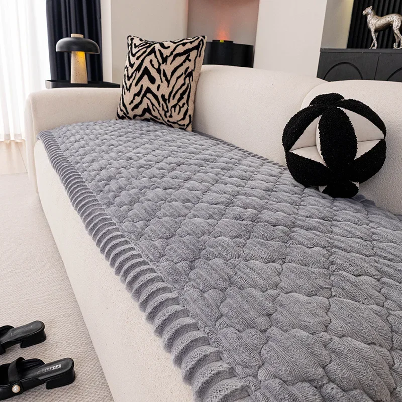 Winter Flannel Sofa Cushion Grid Plush Seat Cover Warm Soft Fluffy Chaise Lounge Mat Couch Protector Living Room Decor