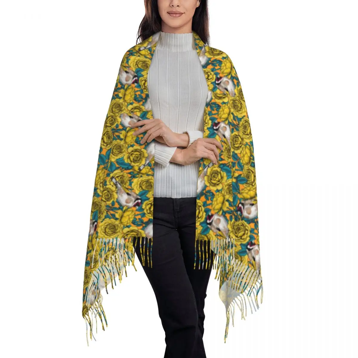 Warm Soft Scarf Winter Roses Flowers Shawls and Wraps Goldfinch Birds Print Design Bufanda Women Fashion Headwear Scarves