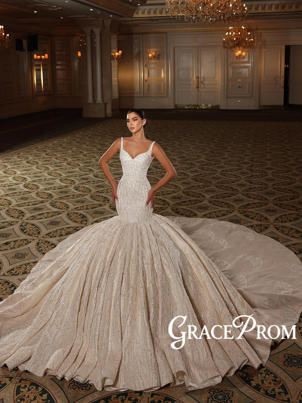 

GRACEPROM Dainty Beads Sequins Exquisite Wedding Dress Dramatic Mermaid Charming Low Back Customized Bridal Gown Court Train