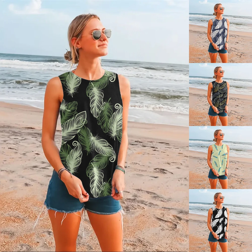 Elegant And Fashionable Colorful Feather Pattern Round Neck Summer Beach Casual Breathable And Refreshing Sleeveless Vest