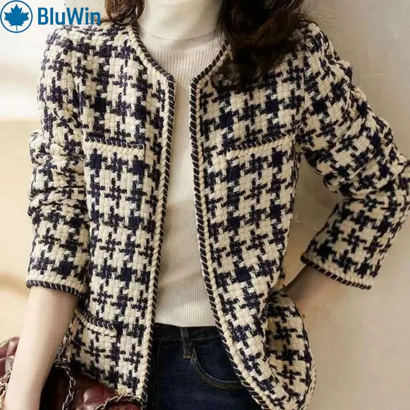 BluWin Classic Checkered Tweed Jacket – Elegant Contrast Trim for a Timeless, Chic Look