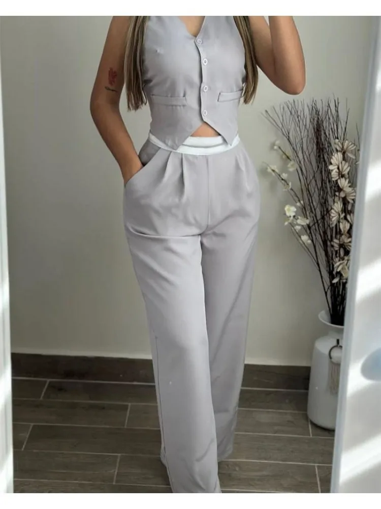 Casual Trouser Set Women Two Piece Suits Long Pants Set Sleeveless Tops & High Waist Straight Pant Elegant Casual Y2k Outfit