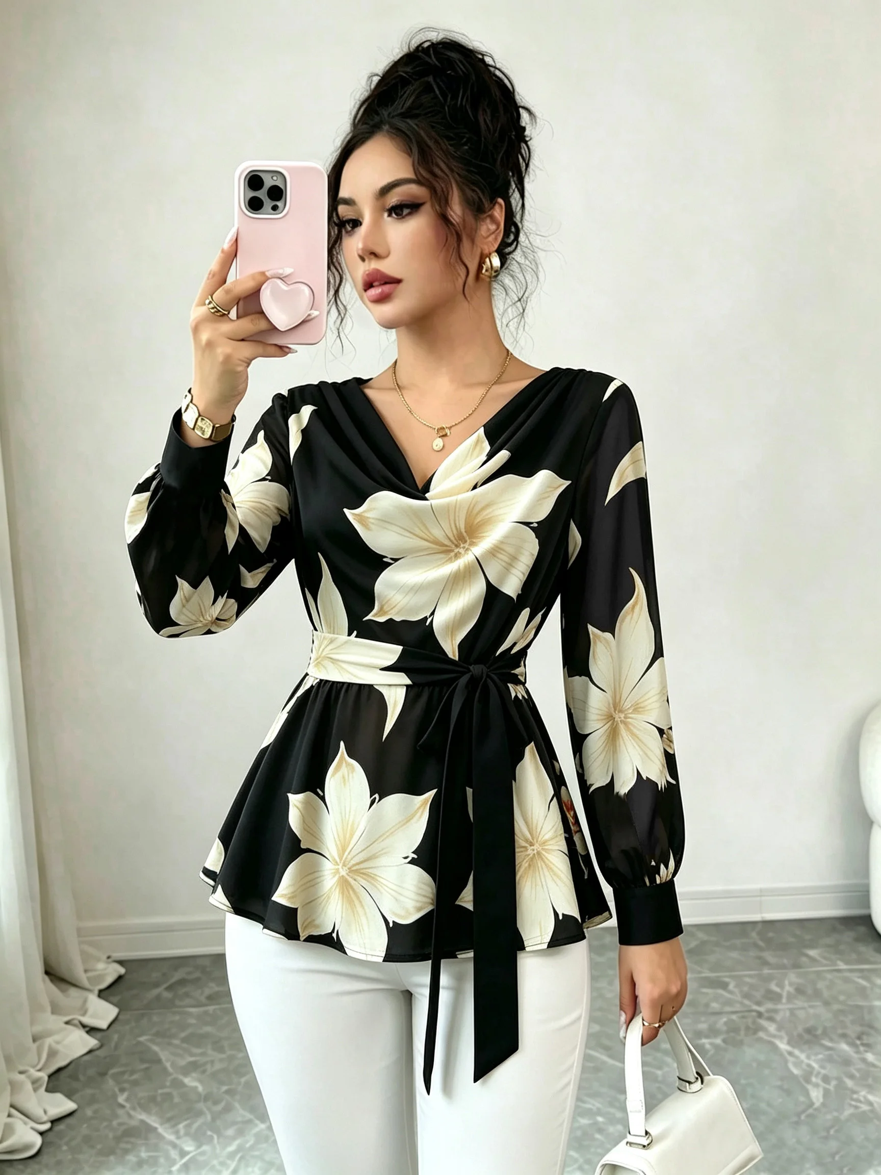 Elegant Ladies Printed Open Neck Belted Top Fashionable Women's Clothing