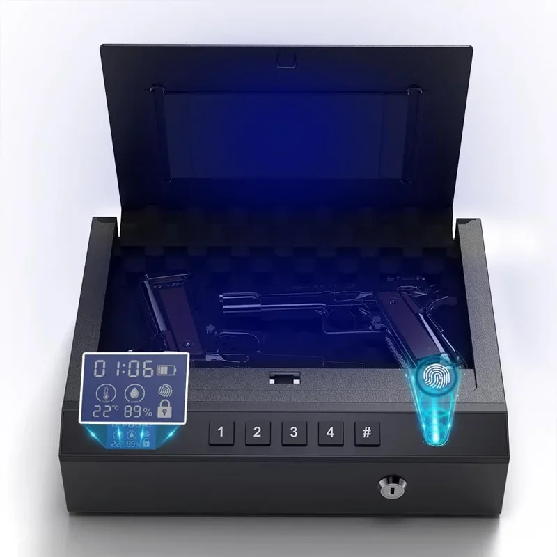 

The safe is equipped with a thermometer and hygrometer, a gun cabinet with anti-theft fingerprint lock and a pistol case