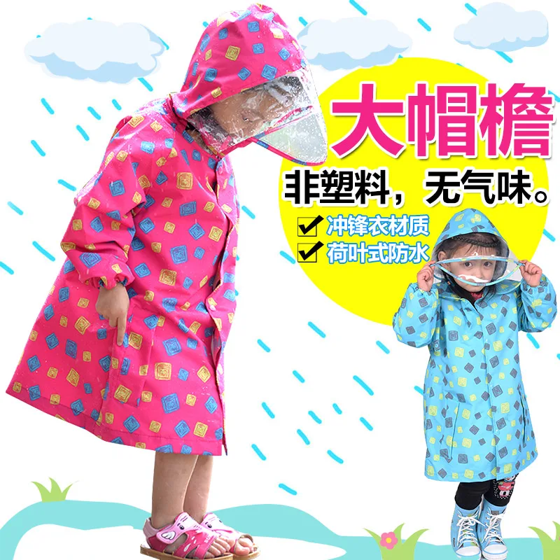 Cartoon cute boys and girls big school poncho big brim school bag stand kids raincoat hiking letter blue rainproof coat