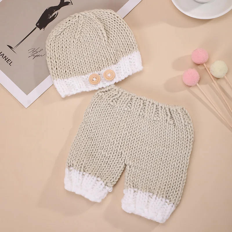 Newborn Photography Outfit Simple Beige Woven Bell Shaped Plush Hat Newborn Solid Color Photography Suit Hat Pants Two-piece Set