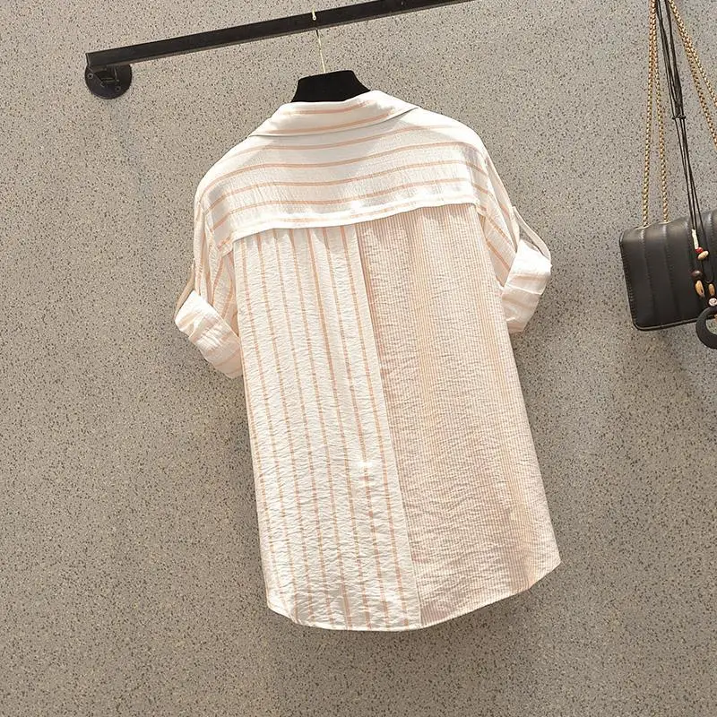 Women's Clothing Pleated White Blouse Striped Short Sleeve Summer Drop Shoulder Minimalist Office Ready Unique Design Fashion