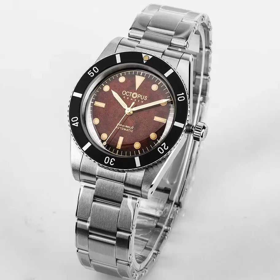 Octopus Men Automatic Watch Pilot 37mm Retro Mechanical Wristwatch Diver 20Bar Waterproof Luminous Aluminium Bezel PT5000