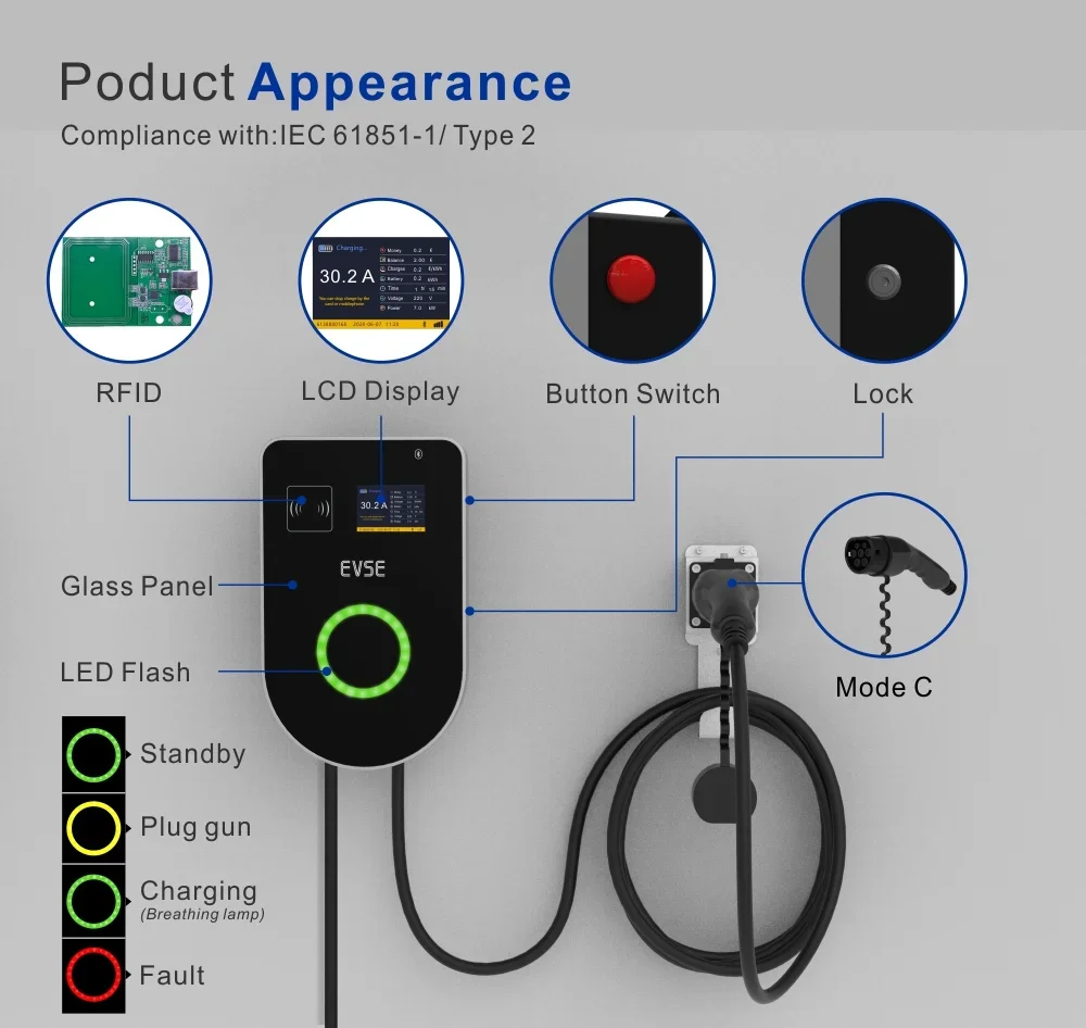 Level 2 Wallbox Smart Wallbox Type2 5m Gbt 12kw 50A Ev Charger