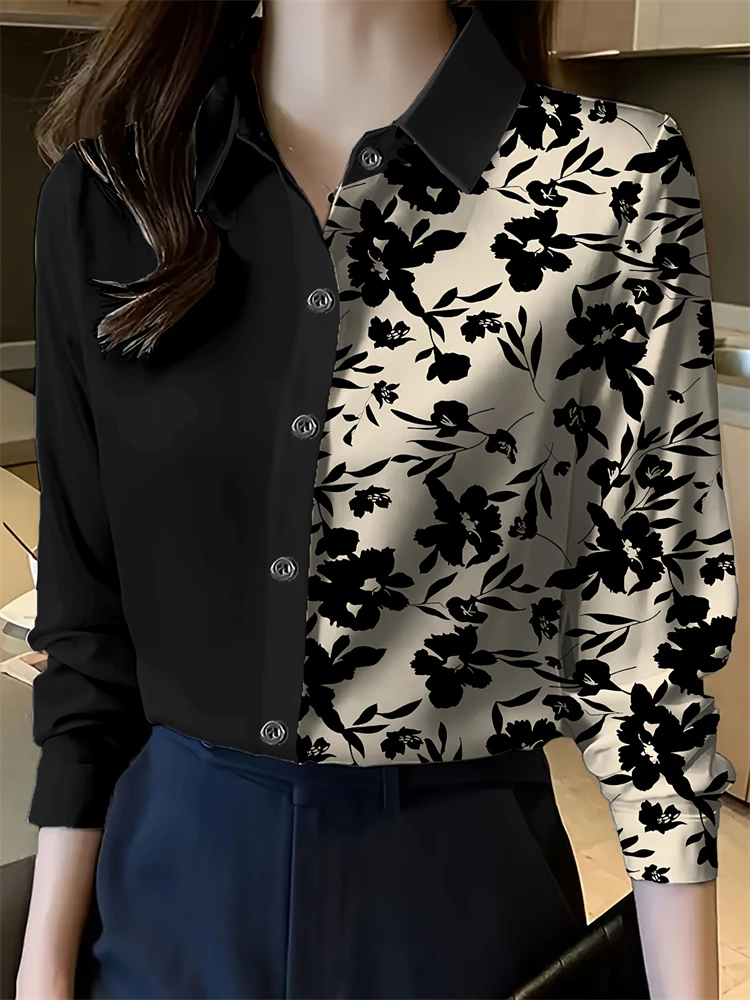 

New Women's Lapel Long Sleeve Shirt Casual Loose Hundred Fashion Trend Flower Pattern Ladies Daily Outdoor Travel Clothing