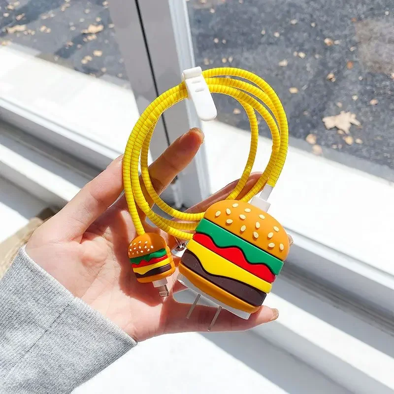 Creative Hamburger iphone Charger USB Cable Protector Case Cover,Silicone Protective Cable Winder For iphone 15 Pro Max