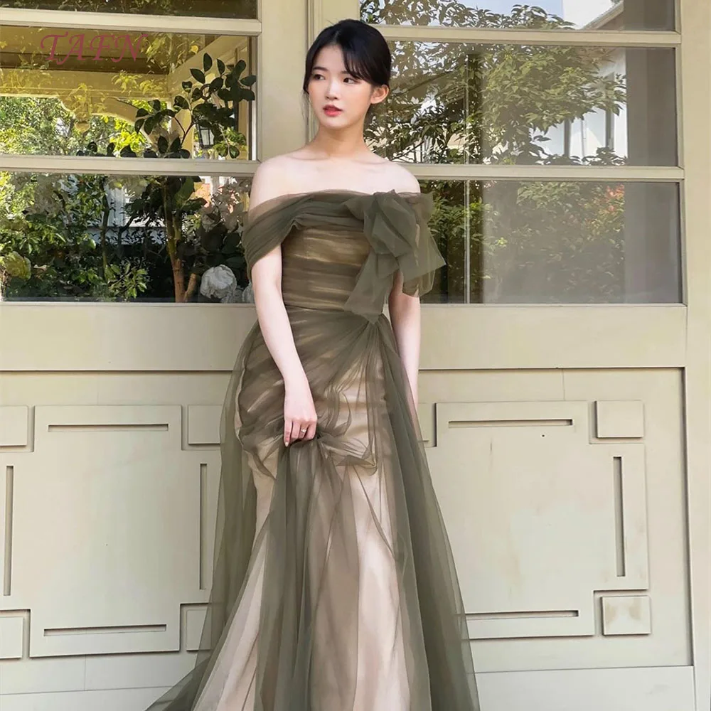 

TAFN Korea Wedding Dresses Photo Shoot A-line Boat Neck Off the Shoulder Tulle Green Bridal Gown 2024 웨딩드레스 Sweep Train