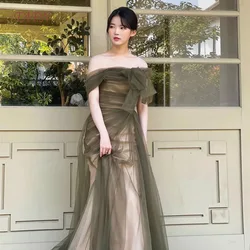 TAFN Korea Wedding Dresses Photo Shoot A-line Boat Neck Off the Shoulder Tulle Green Bridal Gown 2024 웨딩드레스 Sweep Train