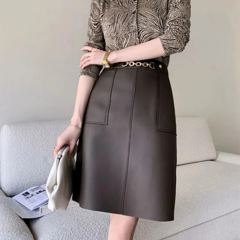 New Autumn and Winter Women's Solid Colors High Waist Loose PU Leather A-Line Pockets Vintage Fashion Commuter All-match Skirt