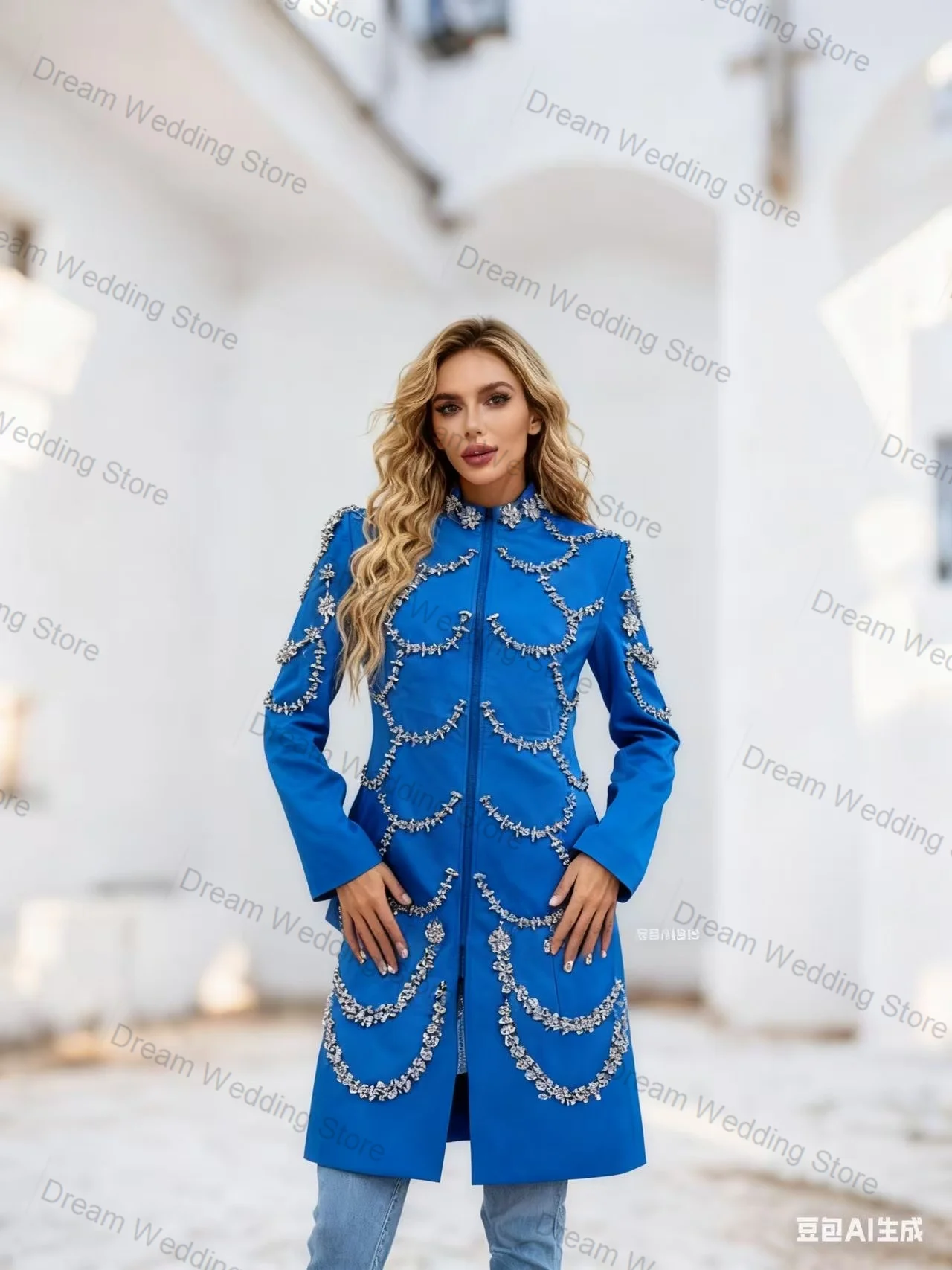 

Women Suit 1 Pcs Long Blazer Luxury Crystals Cotton Formal Office Lady Jacket Customized Guest Wedding Bridal Coat