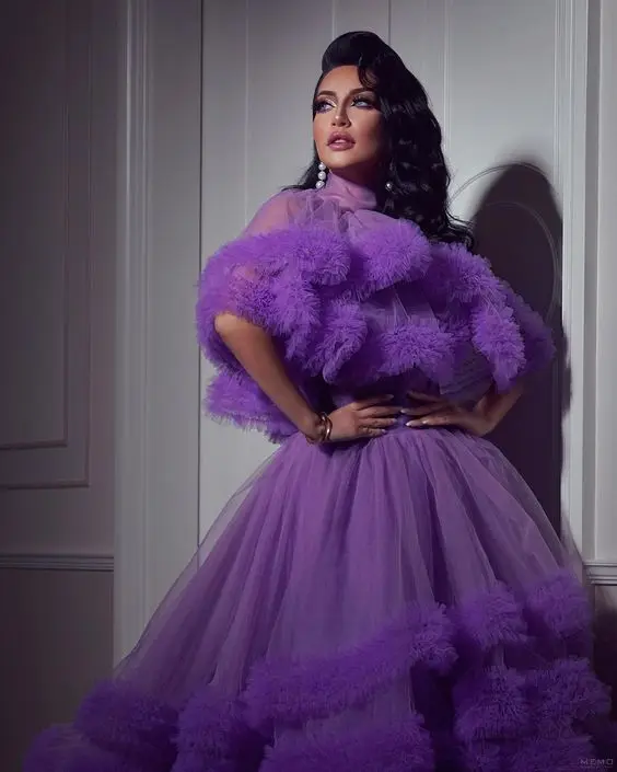 Amazing Purple Ruffles Trimmed Long Tulle Formal Dresses Big Volume Tulle Tulle Women Maxi Dress To Photoshoots