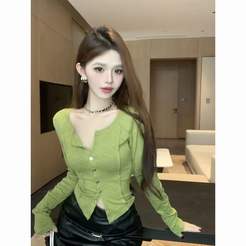 Green Half-open Collar Long-sleeved T-shirt for Women in Autumn and Winter New Pure Lust Hot Girl Slim Short Top Bottoming Shirt