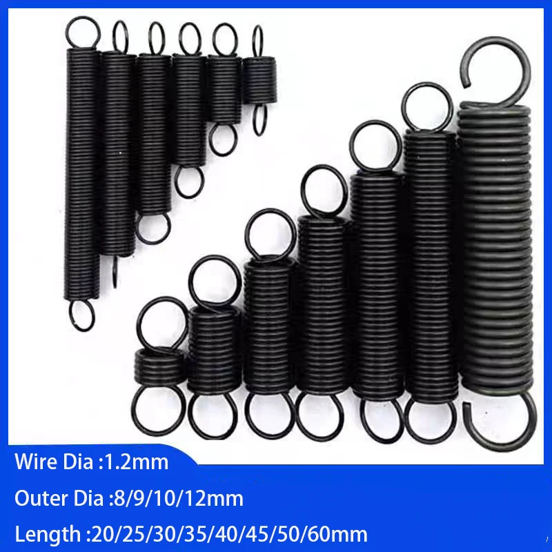 5-50Pcs Wire Dia 1.2mm Spring Steel Single Hook Tension Spring Outer Dia 8/9/10/12mm Length 20/25/30/35/40/45/50/60mm