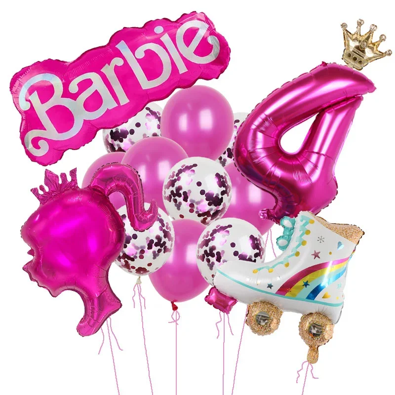 15 pz rosa Barbie corona cuore stella Foil Globos rosa rosso paillettes palloncino in lattice numero 1-9th Baby Shower bambini ragazza festa di