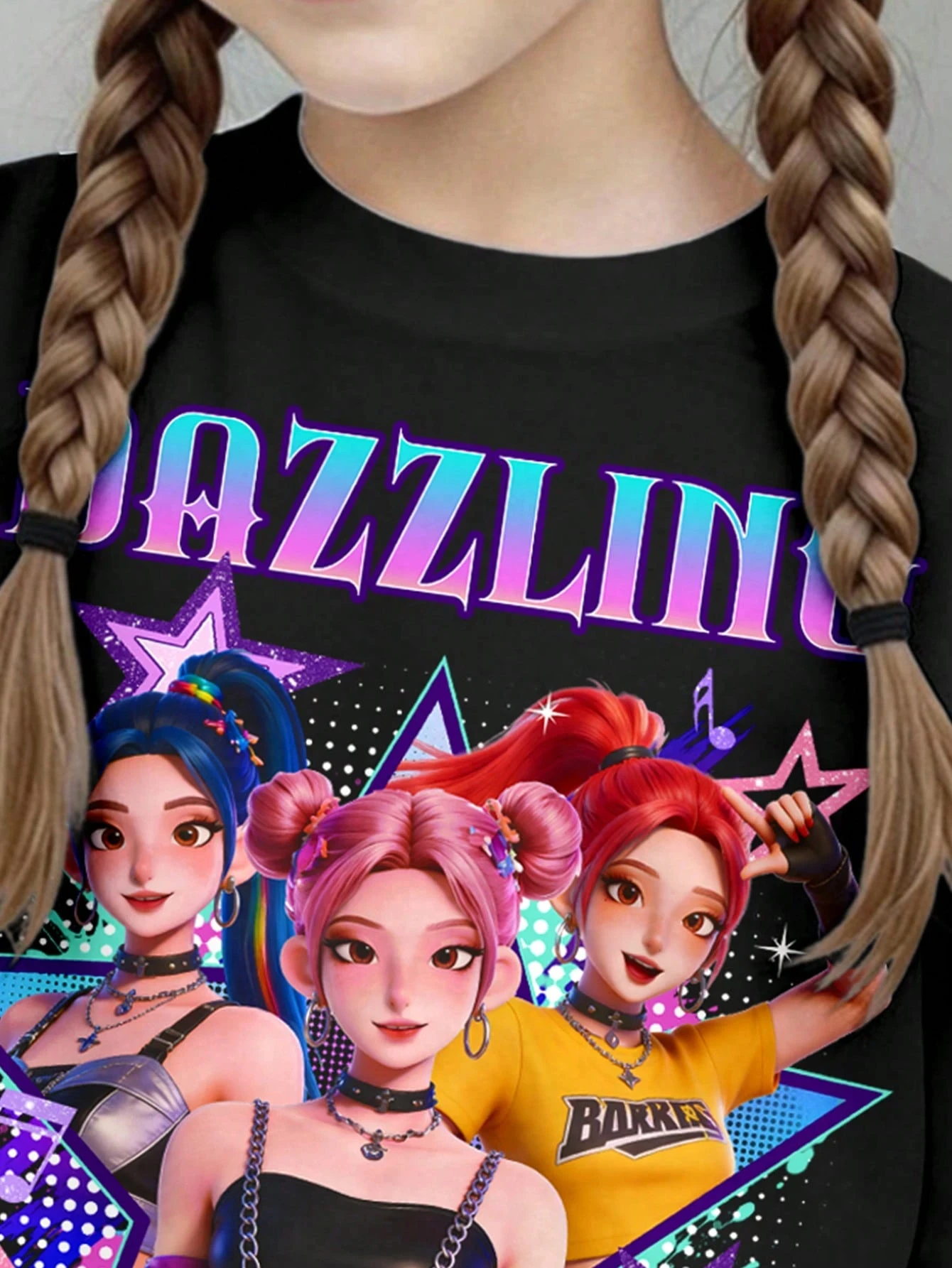 Zweiteiliges Set aus kurzärmligem Oberteil und Shorts im K-Pop-Cartoon-Stil für Mädchen in Schwarz und Pink – Detail 3