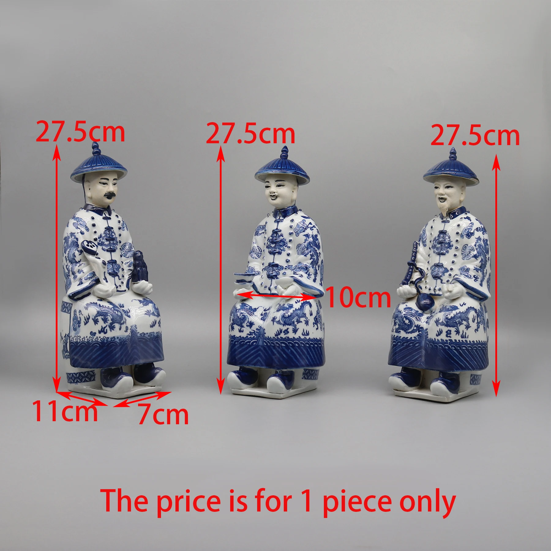 Chinese Emperor in Qing Dynasty, Blue and White Ceramic Figurine, Table Accessory