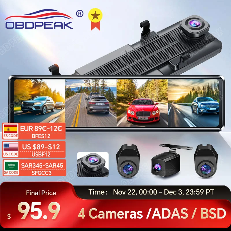 OBDPEAK A8 4CH Dash Cam 11.26 Inch 4K WIFI Rear View Mirror 4 Cameras Video recorder Car DVR ADAS BSD Night Vision 24H Parking