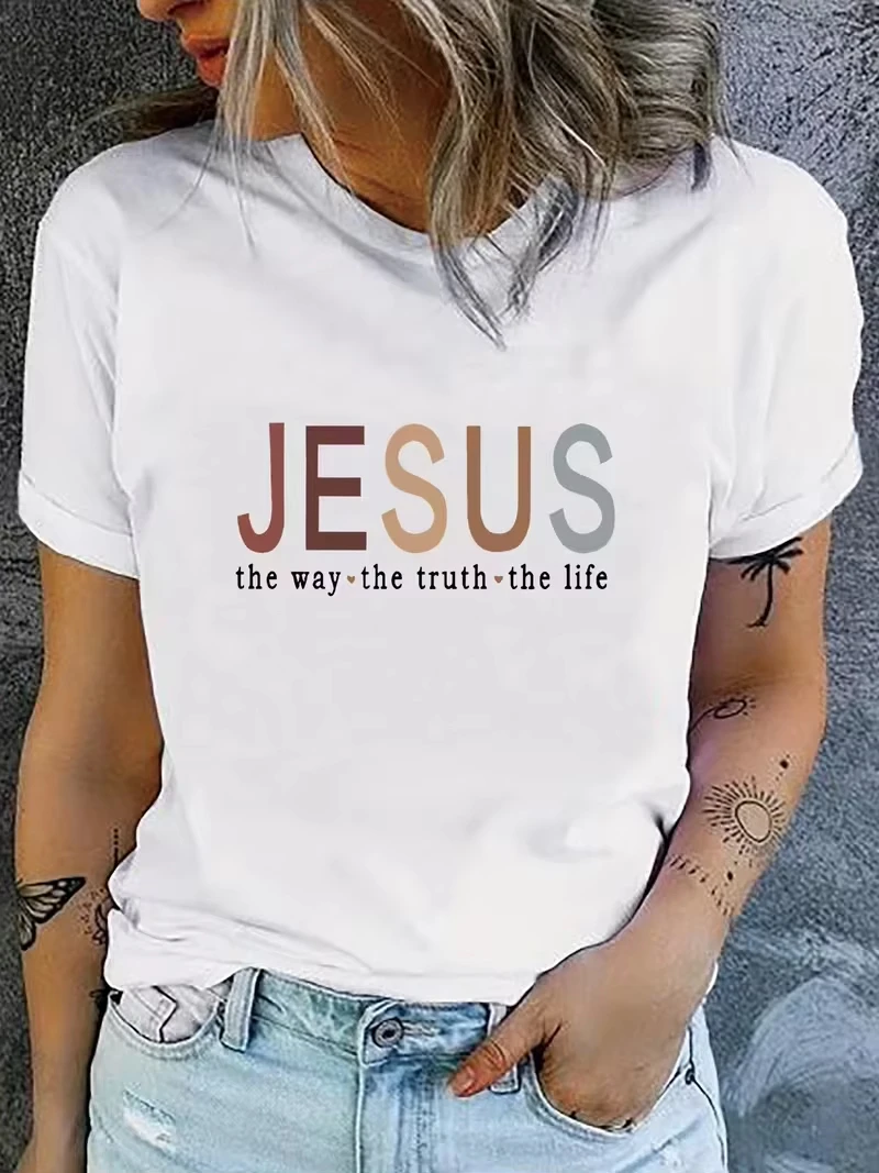 T-shirt décontracté pour femme avec imprimé lettres colorées - Design « _Jesus_ The Way The Truth The Life », confort toutes saisons, t-shirts pour femmes