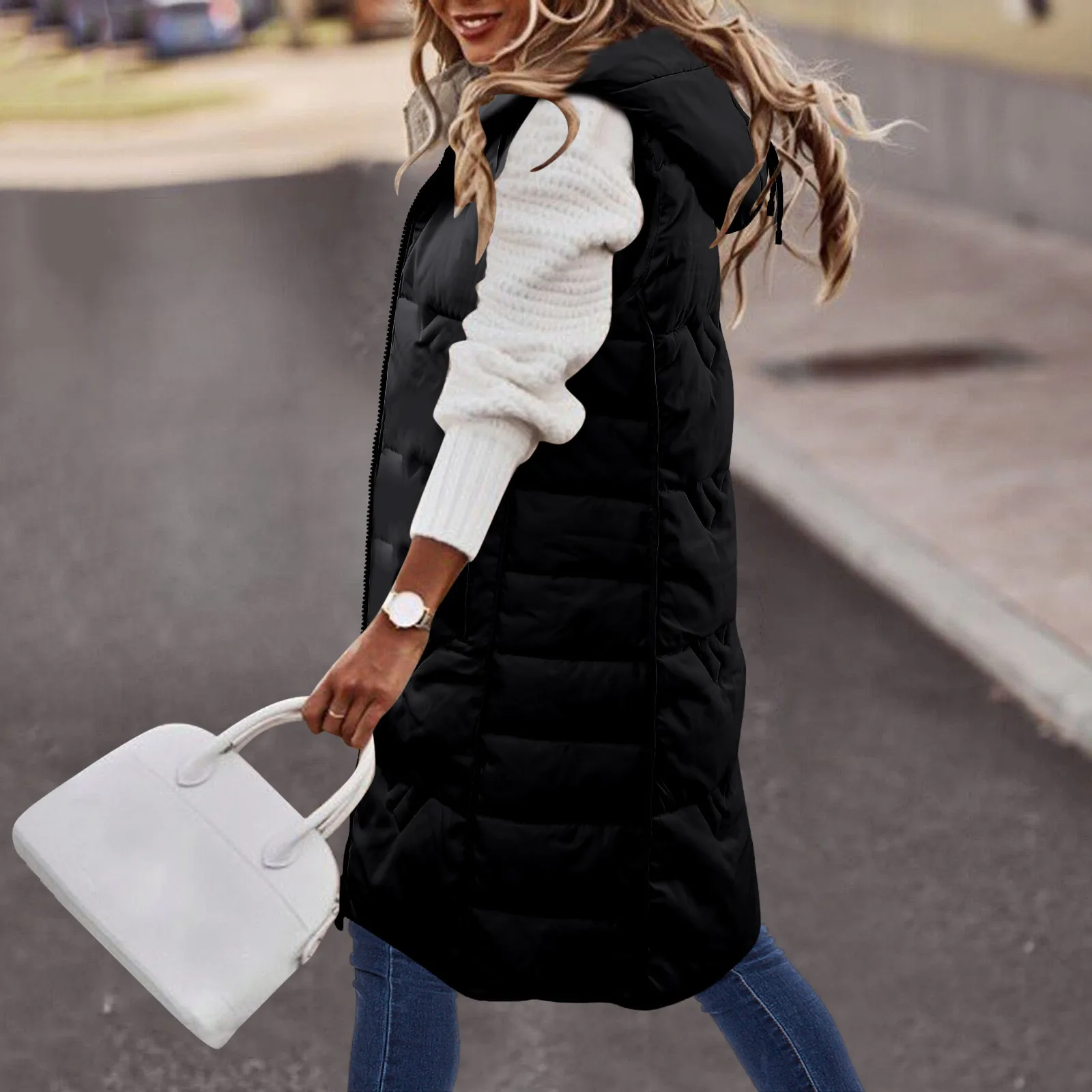 

Women Sleeveless Long Quilted Vest Hooded Zipper Puff Vest Cotton Padded Knee Length Jacket Winter Outerwear Puffy Zipper Coat