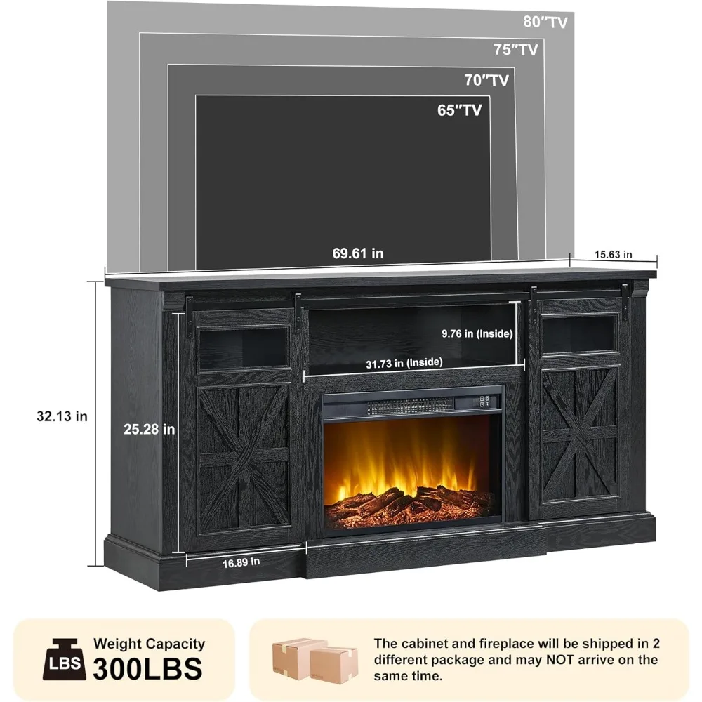 Centro de entretenimiento con chimenea eléctrica para televisores de 80 pulgadas, mesa consola de TV LED estilo granja de 32 altos