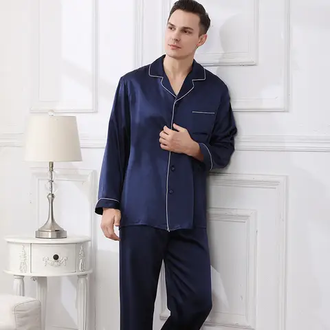 100% Silk Pajama Set for Men Spring and Summer Luxury Men's 100% Mulberry 19 Momme Silk Long-Sleeved 2pcsHome Wear Set Sleepwear
