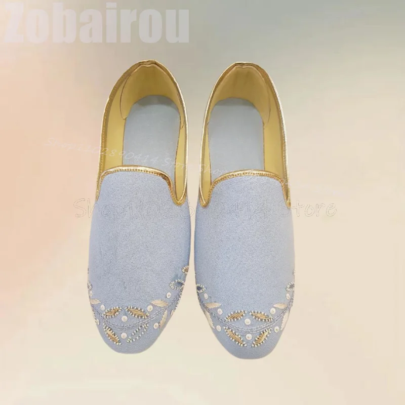 Sepatu Loafer Penny Desain Bordir Bunga Biru Langit, Sepatu Pria Slip On Modis, Sepatu Kasual Pria Buatan Tangan Mewah untuk Pesta, Jamuan Makan, Kencan
